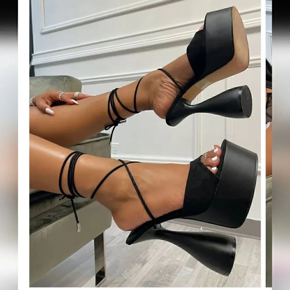 Black Bite Me Platform Tie Up Lace Up Heels 10